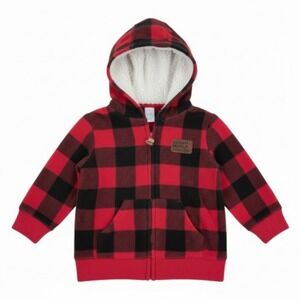 Carter's 18m Red Black Buffalo Plaid Fleece Hoodie Zip Jacket Awesome Squad Boys